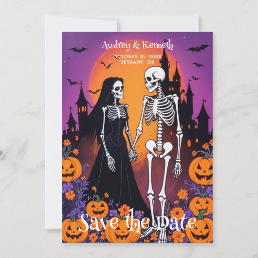 Skeleton Couple in Spooky Town at Dusk Wedding Save The Date (Voorkant)