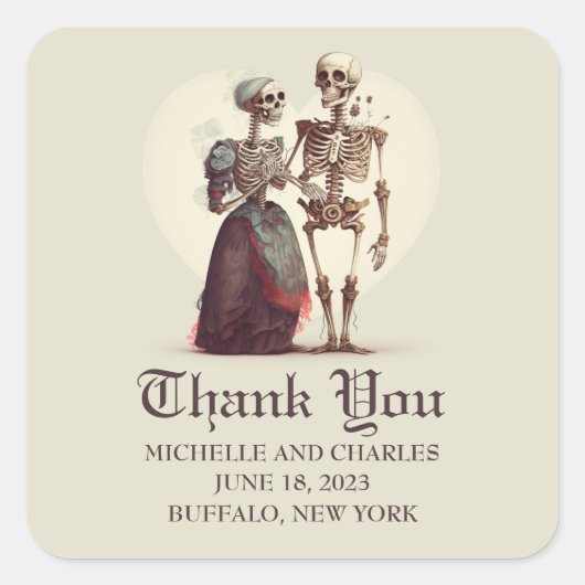 Skeleton Couple Weddenschap Bedankt Vierkante Sticker (Voorkant)