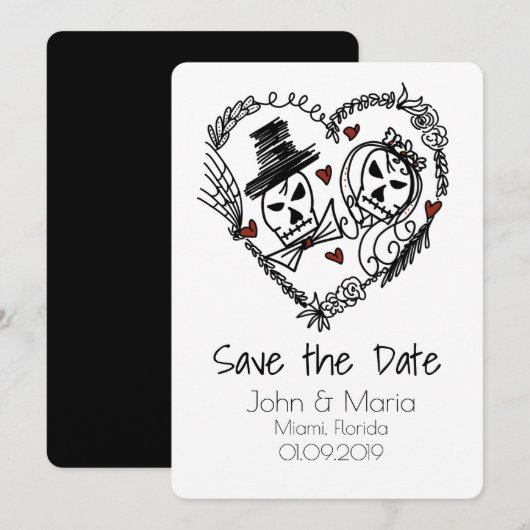 Skeleton Couple Wreated Heart Doodle Save the Date Kaart (Voorkant / Achterkant)