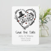 Skeleton Couple Wreated Heart Doodle Save the Date Kaart (Staand voorkant)