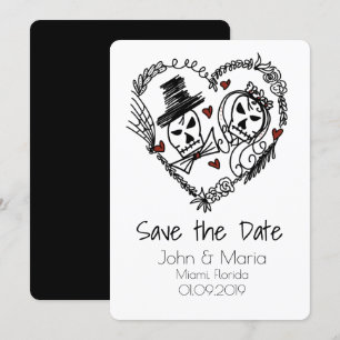 Skeleton Couple Wreated Heart Doodle Save the Date Kaart
