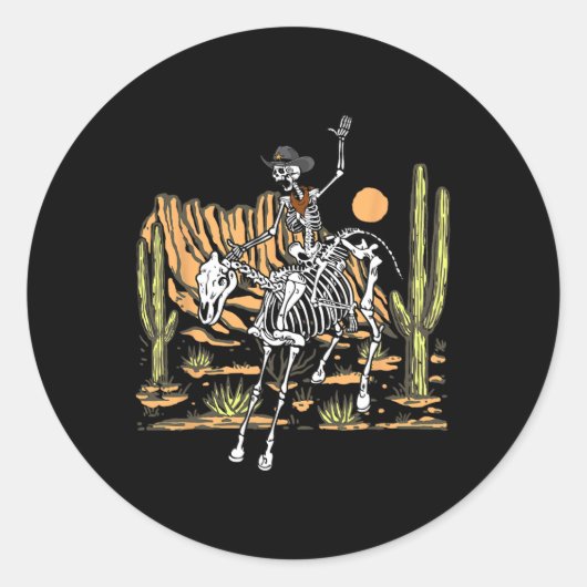 Skeleton Cowboy Riding Horse Halloween Rider Costu Ronde Sticker (Voorkant)