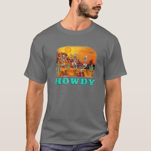 Skeleton Cowboys Howdy Halloween op woestijn Weste T-shirt (Voorkant)