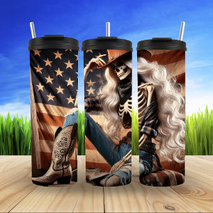 Skeleton Cowgirl in een patriottisch kostuum Thermosbeker