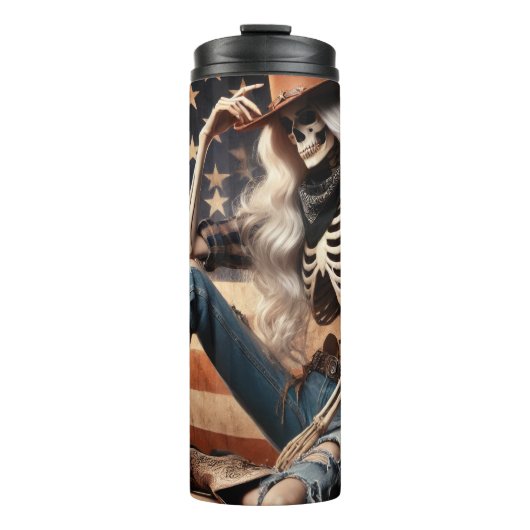 Skeleton Cowgirl in een patriottisch kostuum Thermosbeker (Voorkant)