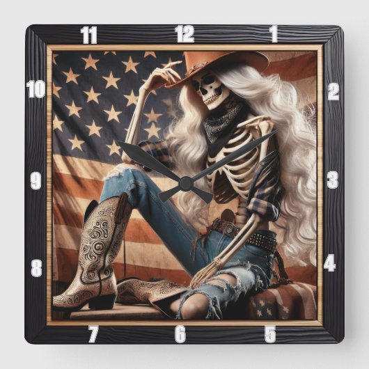 Skeleton Cowgirl Westerne Outfit Patriottisch Amer Vierkante Klok (Voorkant)