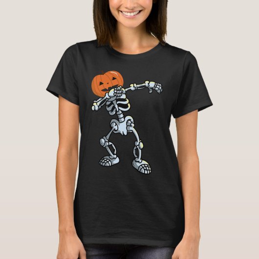 Skeleton Dabbing Pose Jack O' Lantaarn Pumpkin Hal T-shirt (Voorkant)
