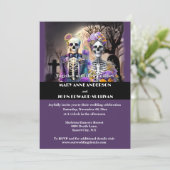 Skeleton dag dood paarse gele gotische bruiloft kaart (Staand voorkant)