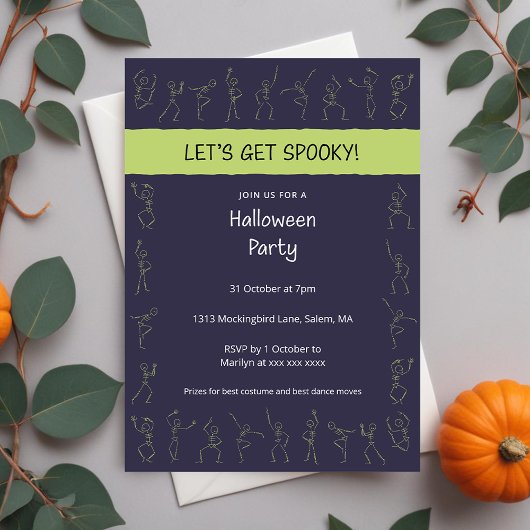 Skeleton Dance Halloween feestuitnodiging - paarse Kaart