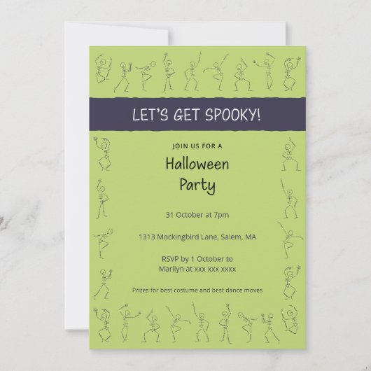 Skeleton Dance Halloween party uitnodiging - groen (Voorkant)