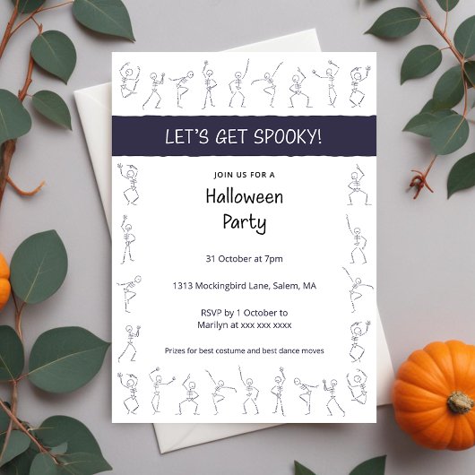 Skeleton Dance Halloween party uitnodiging - wit