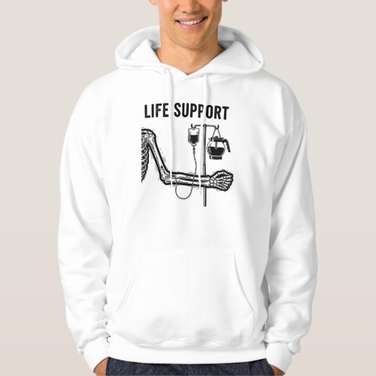 Skeleton Dark Humor Funny "Life Support" Coffee Hoodie (Voorkant)
