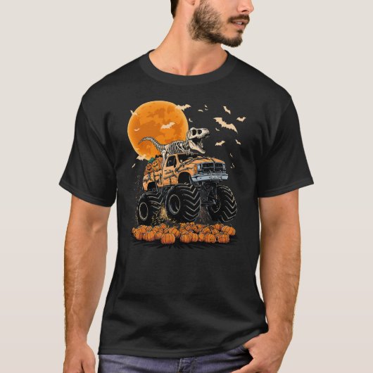 Skeleton Dinosaur T-rex Riding Monster Truck Hallo T-shirt (Voorkant)