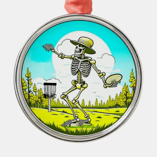 Skeleton Disc Golfing Thema Kerstmis Metalen Ornament (Voorkant)