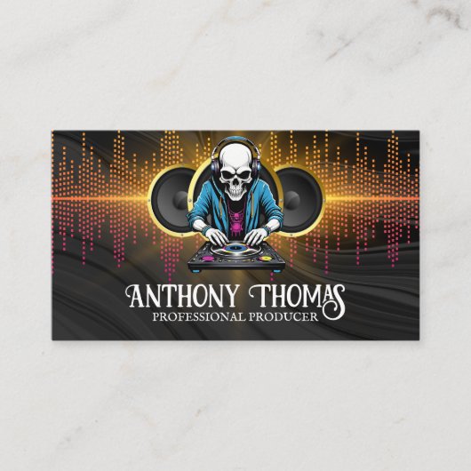 Skeleton DJ | Achtergrond van de Muziekluidspreker Visitekaartje (Voorkant)
