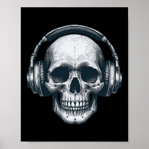 Skeleton DJ Hoofdtelefoon Spooky Skull Musician Ha Poster