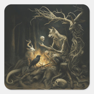 Skeleton Dog Moon Occult Dark Witchy AI Art Vierkante Sticker