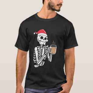 Skeleton Draag Santa Hat Drink Coffee Funny Chri T-shirt