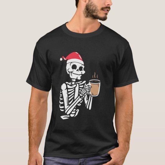 Skeleton Draag Santa Hat Drink Coffee Funny Chri T-shirt (Voorkant)