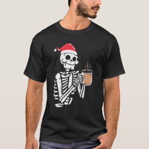 Skeleton Draag Santa Hat Drink Coffee Funny Chri T-shirt