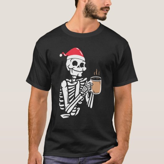 Skeleton Draag Santa Hat Drink Coffee Funny Chri T-shirt (Voorkant)