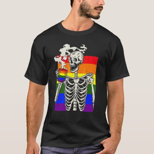Skeleton Drink Koffie Lgbt Q Retro Gay Pride Fl T-shirt (Voorkant)