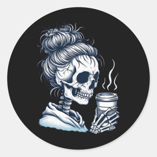 Skeleton Drink Koffie Messy Bun Vrouwen Halloween Ronde Sticker (Voorkant)
