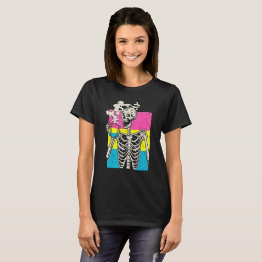 Skeleton Drinking Coffee LGBT Q Pansexual Pride Pa T-shirt (Voorkant volledig)