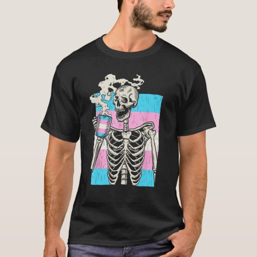 Skeleton Drinking Coffee LGBT Q Transgender Pride T-shirt (Voorkant)