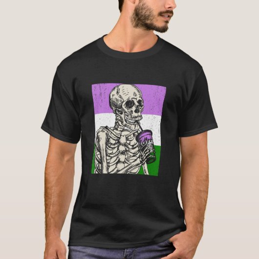 Skeleton Drinking Coffee LGBTQ Genderqueer Pride F T-shirt (Voorkant)