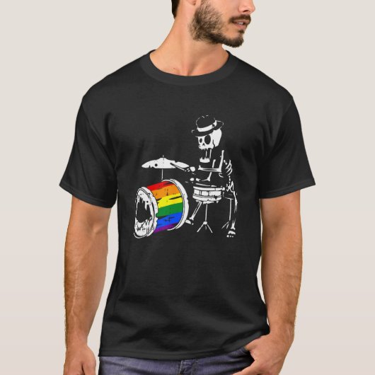Skeleton Drummer Gay Pride LGBT Q Rainbow Drum Pri T-shirt (Voorkant)