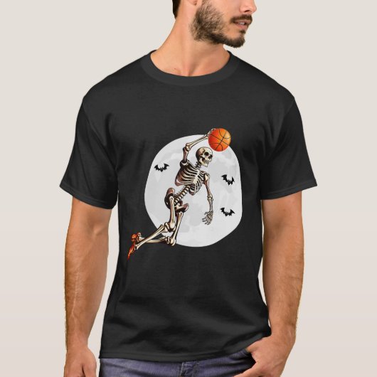 Skeleton Dunk Basketbalspeler Halloween Moon T-shirt (Voorkant)