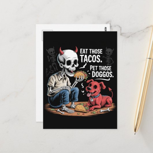 Skeleton Eat those Tacos and Pet Those Doggos Briefkaart (Voorkant / Achterkant in situ)