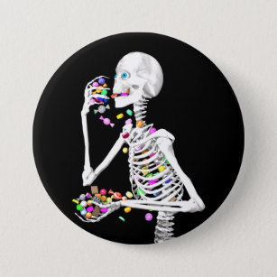 Skeleton Eating Halloween Snoep Ronde Button 7,6 Cm