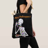 Skeleton Eating Halloween Snoep Tote Bag (Dichtbij)