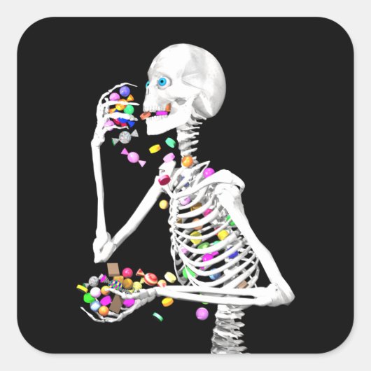 Skeleton Eating Halloween Snoep Vierkante Sticker (Voorkant)