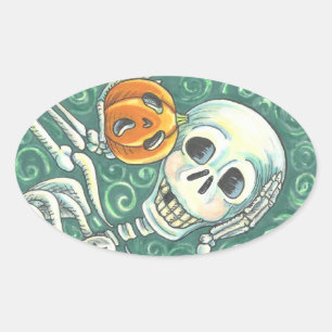 SKELETON EN JACK O LANTERN STICKERS, SHEET Oval Ovale Sticker