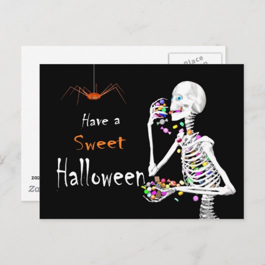 Skeleton Eten Halloween Snoep (met Spider) Briefkaart (Voorkant / Achterkant)