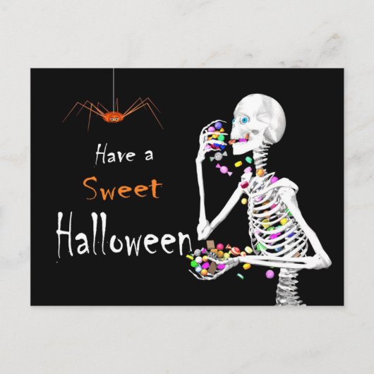 Skeleton Eten Halloween Snoep (met Spider) Briefkaart (Voorkant)