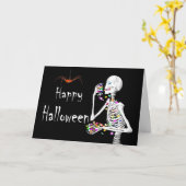 Skeleton Eten Halloween Snoep (met Spinnen) Kaart (Gele Bloem)