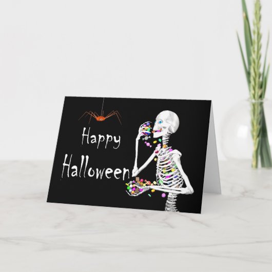 Skeleton Eten Halloween Snoep (met Spinnen) Kaart (Voorkant)