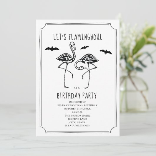 Skeleton Flamingo Halloween Verjaardagsfeest Kaart (Staand voorkant)