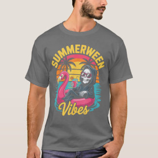 Skeleton Flamingo Spooky Summer Party Beach Summer T-shirt