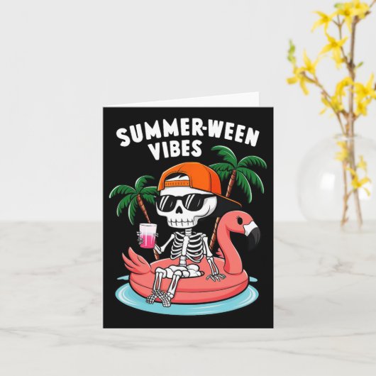 Skeleton Flamingo Zomer Vibes Halloween Boys Kaart (Gele Bloem)