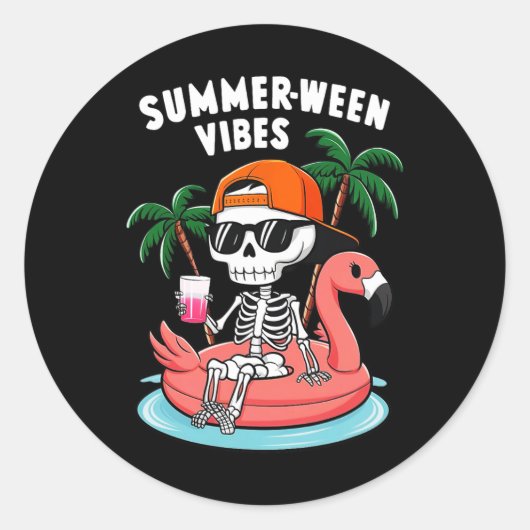 Skeleton Flamingo Zomer Vibes Halloween Boys Ronde Sticker (Voorkant)