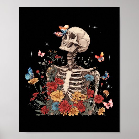 Skeleton Flowers Butterfly Floral Halloween Mannen Poster (Voorkant)