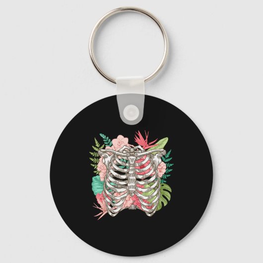 Skeleton Flowers Rib Cage X-ray Funny Halloween Sleutelhanger (Voorkant)
