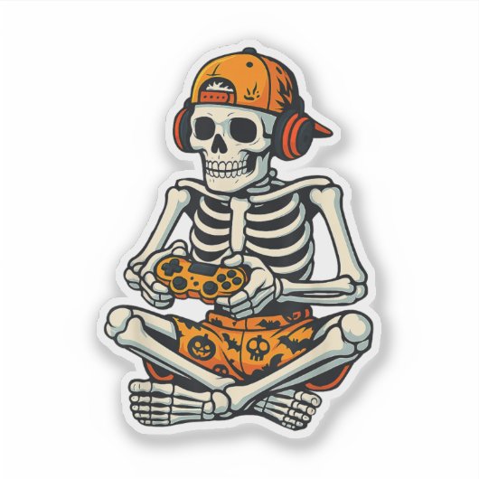Skeleton Gamer Hoofdtelefoon Grappig Halloween Gam Sticker (Voorkant)