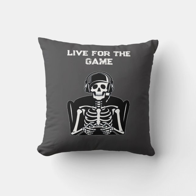Skeleton Gamer met Headset – Cool Gaming Kussen (Voorkant)