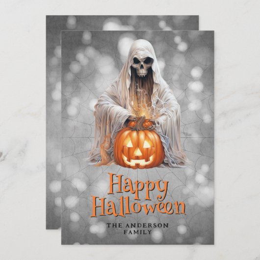 Skeleton Ghost Jack OHappy Halloween Feestdagenkaart (Voorkant / Achterkant)